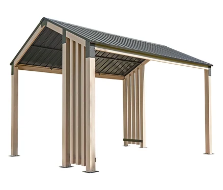 Freistehender Sojag Pavillon mit Stahldach und hellen Holzpfosten.