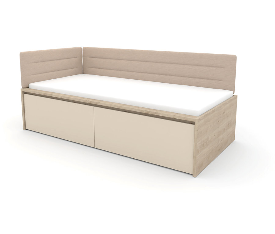 Roba Jugendbett »Louisa«, 90 x 200 cm in Beige und Holzoptik mit Lattenrost und Matratze auf weißem Hintergrund.