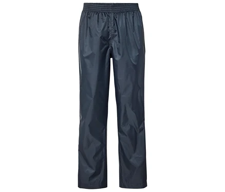 Navyfarbene Regenhose mit elastischem Bund, flach liegend.