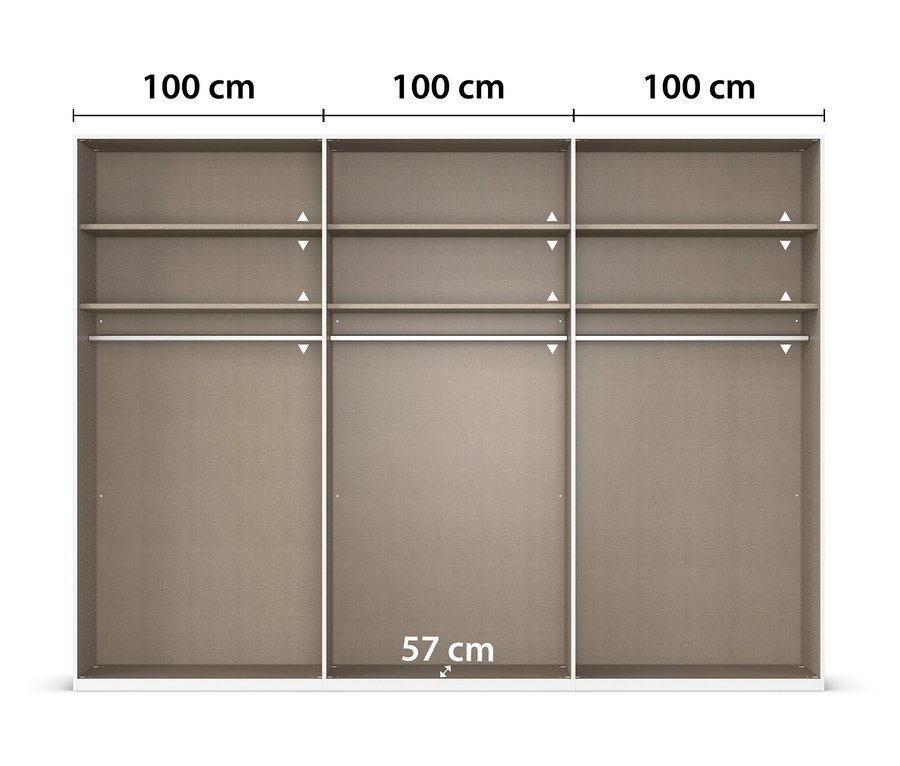 Drei beige Schrankmodule mit je zwei Regalböden und einer Kleiderstange, Maße: 100 x 57 cm.