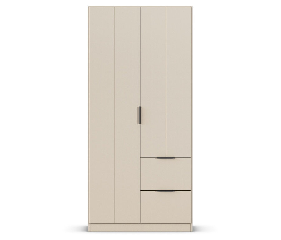 Beiger Kleiderschrank mit zwei Schubladen und einer Tür mit Griff.