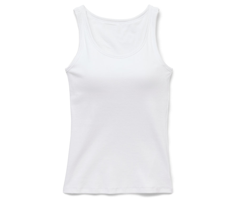 Weißes Tanktop mit Rundhalsausschnitt liegt auf einem weißen Hintergrund.