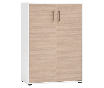 Der Aktenschrank »Metz« ist 2-türig in matt weiß/canello mit silbernen Griffen.