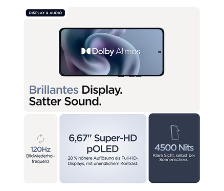 Nahaufnahme eines Motorola moto g86 5G 256 GB Spellbound Handydisplays mit Dolby Atmos Logo und Spezifikationen.