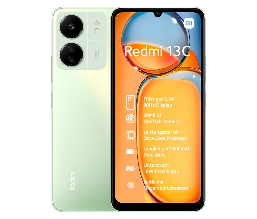 Das Xiaomi Redmi 13C 128 GB in Clover Green ist von vorne und hinten sichtbar, wobei das Display Details zeigt.