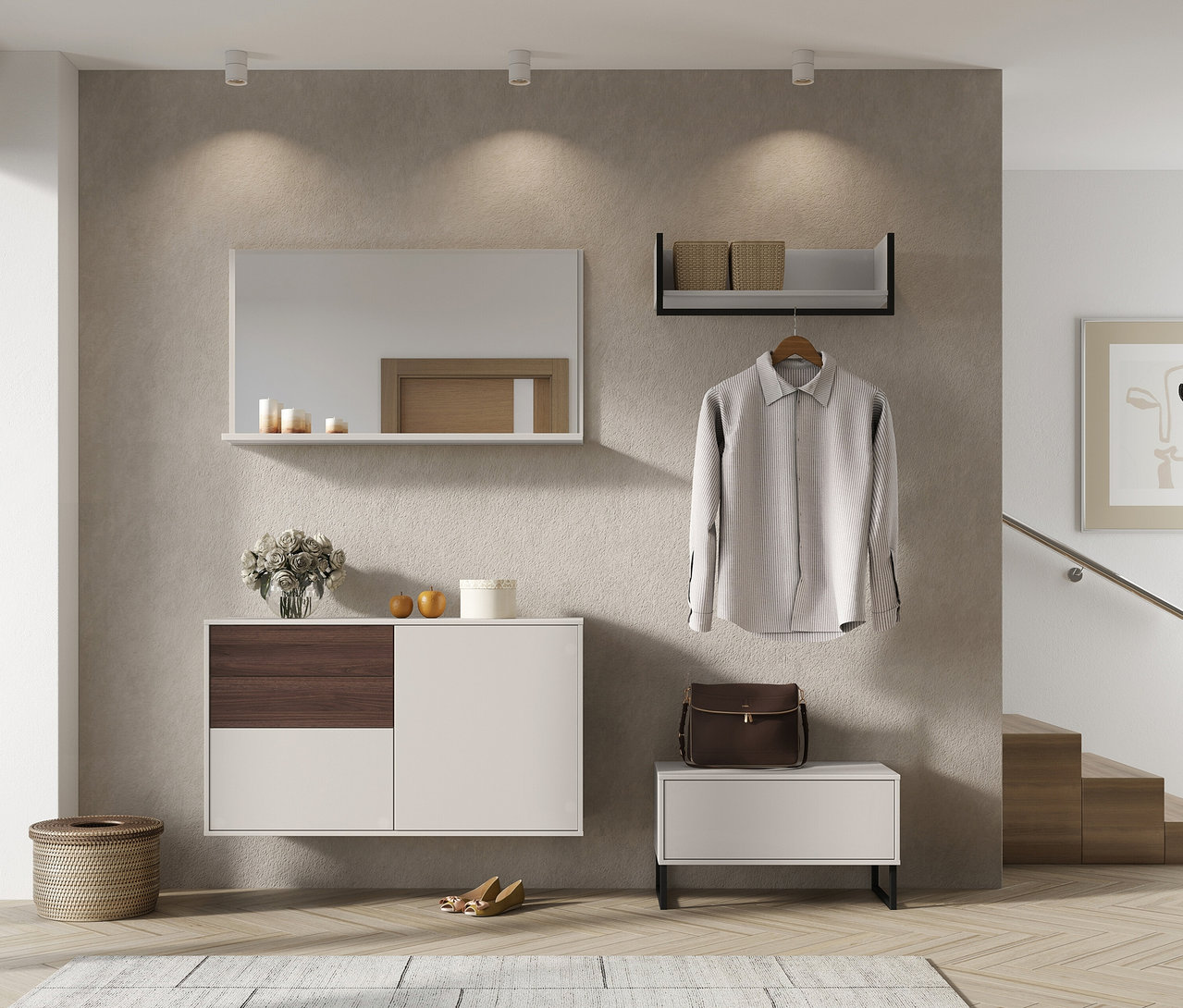 Flur mit Spiegel »Madeo«, Kommode, Hemd an der Wand und Deko.
