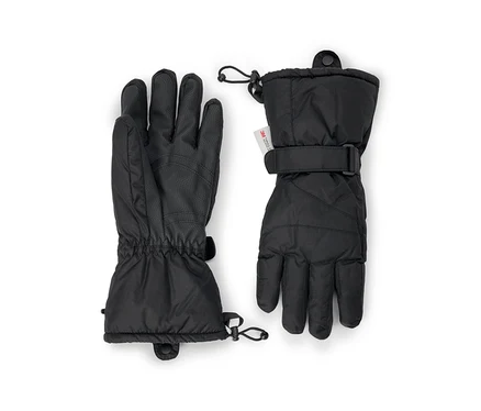 Ein Paar schwarze Winterhandschuhe, einer zeigt die Handfläche mit strukturierter Grifffläche und elastischem Bündchen, der andere die Rückseite mit verstellbarem Handgelenkriemen, Kordelzugbündchen und einem „3M Thinsulate“-Etikett.