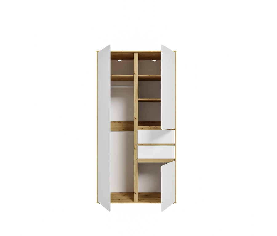 Kleiderschrank mit weißen Türen und hellem Holzinterieur. Die oberen Türen und die untere rechte Tür sind offen. Der linke Bereich hat eine Kleiderstange und ein Regal, der rechte Bereich hat mehrere Regale und zwei weiße Schubladen.