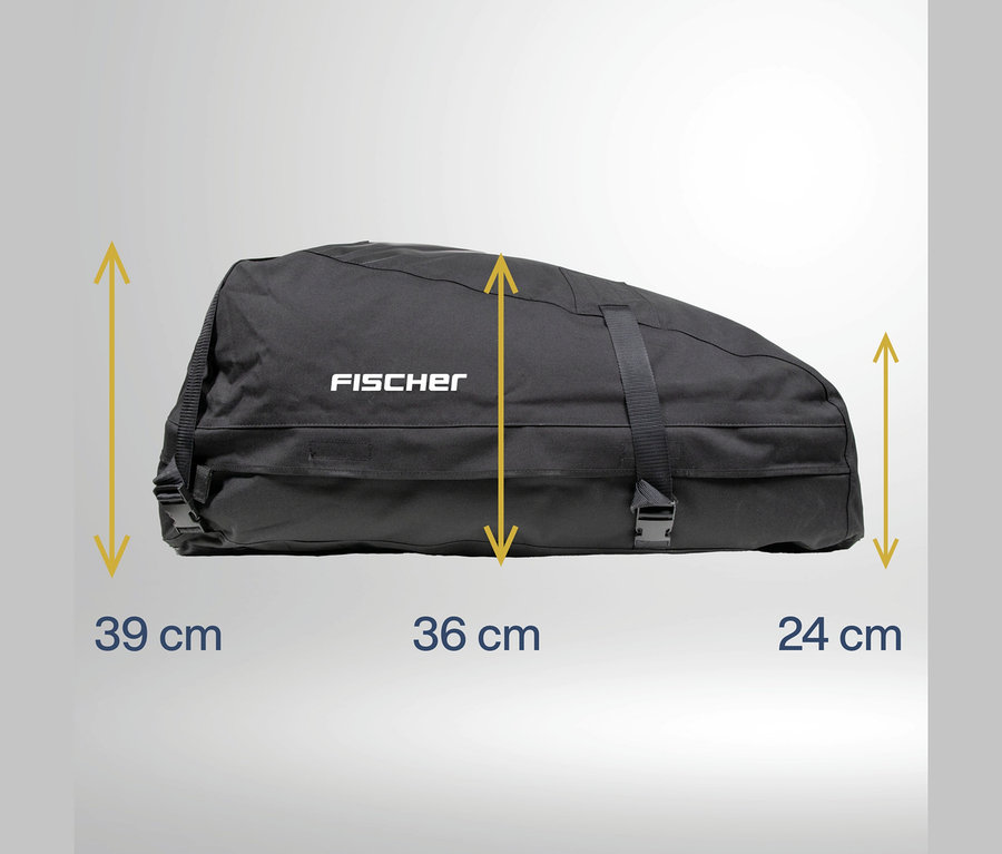 Schwarze Tasche mit "FISCHER" Logo, die Höhenmaße von 39 cm (links), 36 cm (Mitte) und 24 cm (rechts) anzeigt.