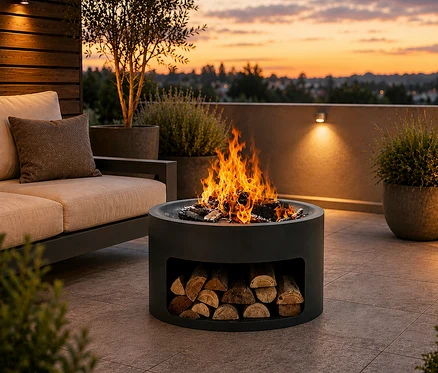 Eine Terrasse bei Dämmerung zeigt eine dunkelgraue zylindrische Feuerstelle mit hellem Feuer und gestapelten Holzscheiten in der Basis. Links steht ein helles Outdoor-Sofa mit dunklem Kissen. Im Hintergrund sind Topfpflanzen, eine Wandleuchte und eine Stadtkulisse bei Sonnenuntergang zu sehen.