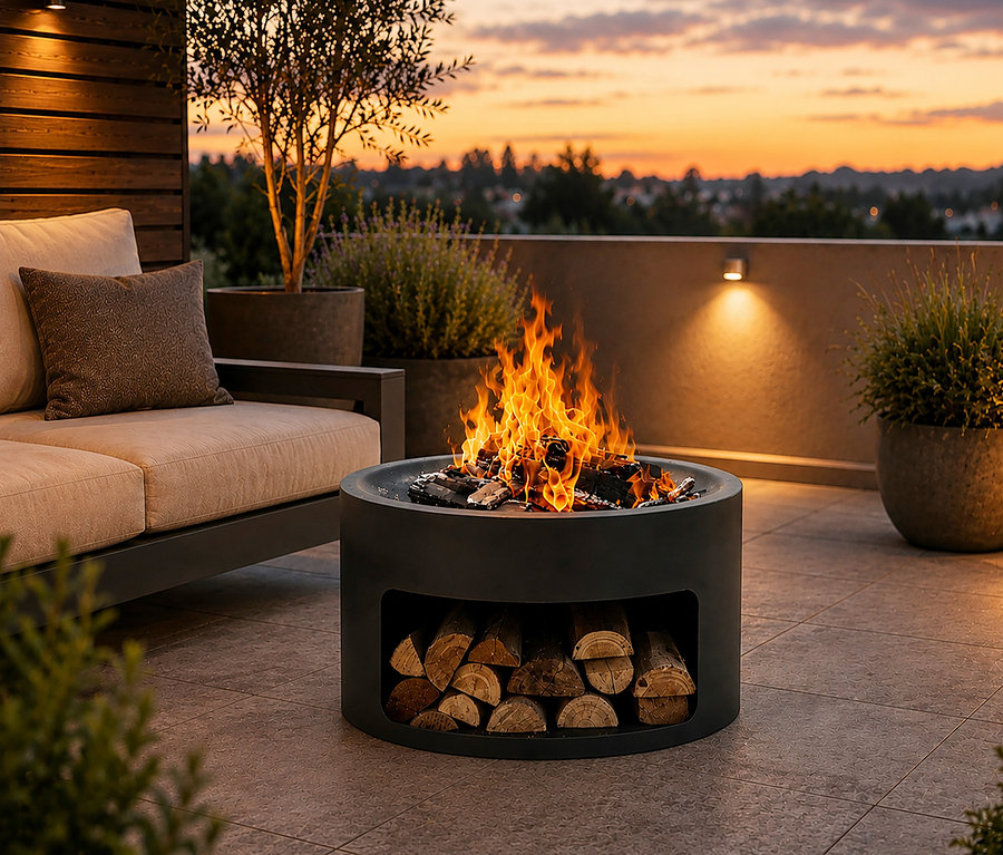 Eine Terrasse bei Dämmerung zeigt eine dunkelgraue zylindrische Feuerstelle mit hellem Feuer und gestapelten Holzscheiten in der Basis. Links steht ein helles Outdoor-Sofa mit dunklem Kissen. Im Hintergrund sind Topfpflanzen, eine Wandleuchte und eine Stadtkulisse bei Sonnenuntergang zu sehen.