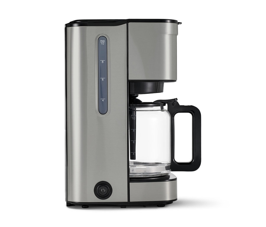 »Let's Brew Elegant« Filterkaffeemaschine in Silber. Die Kaffeemaschine hat eine Glaskanne.
