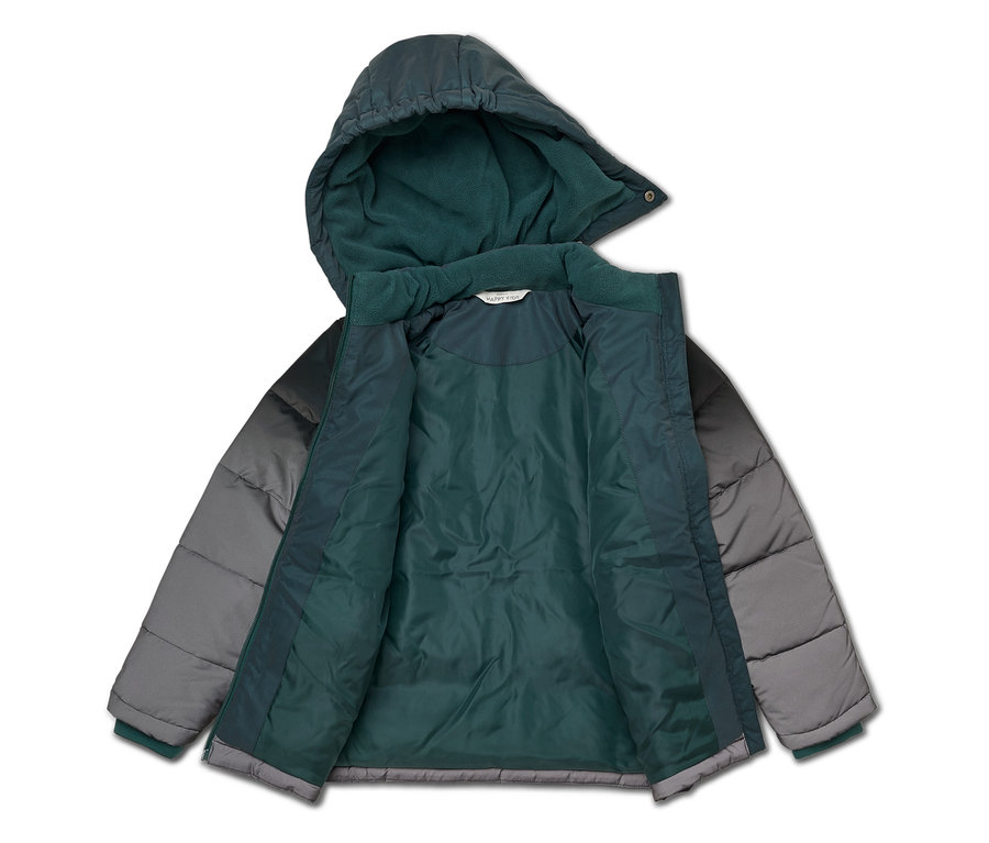 Zweifarbige Steppjacke in Dunkelgrau und Hellgrau, mit dunkelgrünem Fleece-gefüttertem Kapuze und Innenfutter, offen liegend.