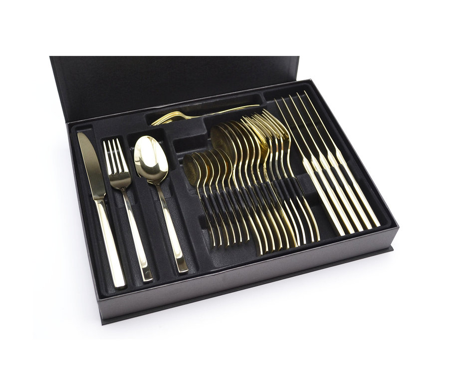 Ein goldenes 30-teiliges Mäser Besteck-Set Oneda ist ordentlich in einer schwarzen Präsentationsbox angeordnet.