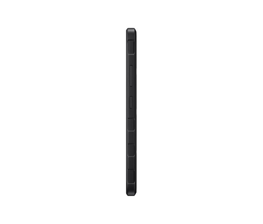 Seitenansicht eines schwarzen Telefons. Ein Samsung Galaxy XCover7 EE 5G schwarz ist sichtbar.