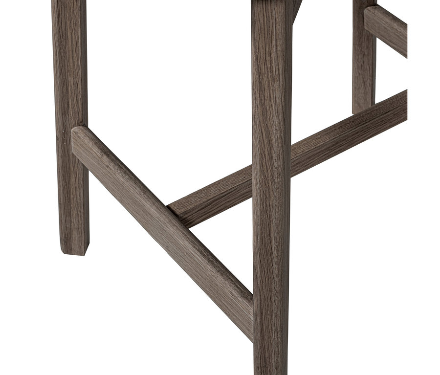 Nahaufnahme des unteren Teils eines Holzschemels oder -stuhls, der drei dunkelbraune Holzbeine zeigt, die durch zwei schräge Querstreben verbunden sind, alle mit sichtbarer Holzmaserung.