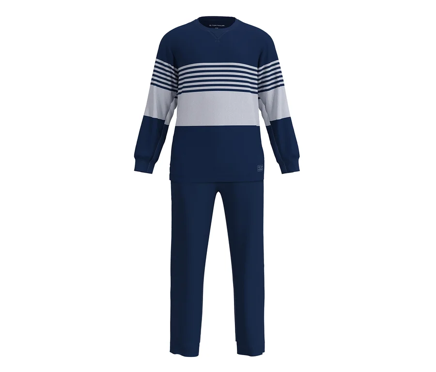 Dunkelblauer Pyjama mit langärmeligem Oberteil und langer Hose. Das Oberteil hat einen hellgrau gestreiften Brustbereich.