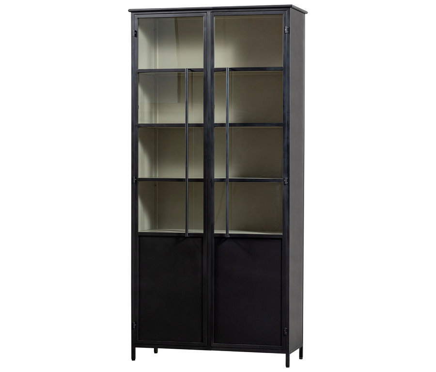 Schwarzer Metallschrank mit zwei Türen, die oben Glas- und unten Metallpaneele haben. Im oberen Bereich sind Regalböden sichtbar.