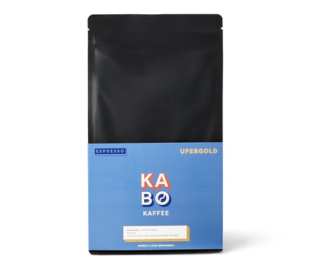 Ein 1 kg Sack KABO Ufergold Espresso Ganze Bohne.