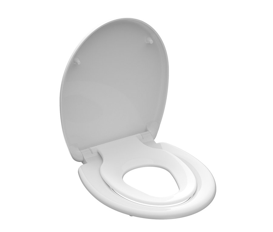 Weißer Duroplast WC-Sitz »FAMILY« mit geöffnetem Deckel und integriertem Kindersitz.