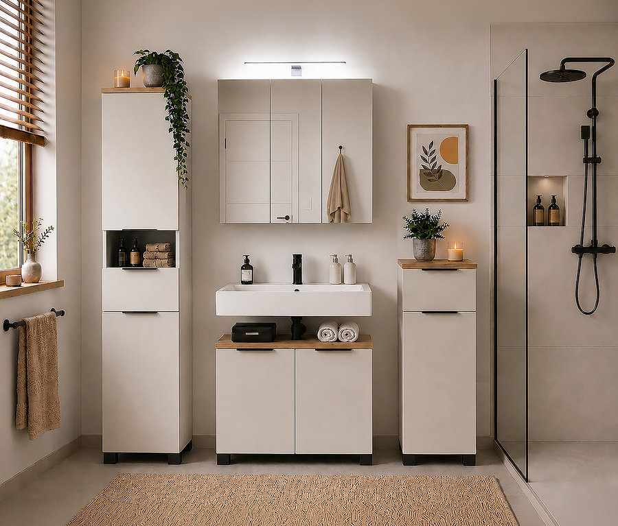 Modernes Badezimmer in hellen Tönen mit Holzdetails, einem weißen Waschbeckenunterschrank »Saga« unter einem Aufsatzwaschbecken, einem Spiegelschrank, zwei Hochschränken und einer Duschkabine mit schwarzer Armatur. Ein beiger Teppich liegt auf dem Boden.