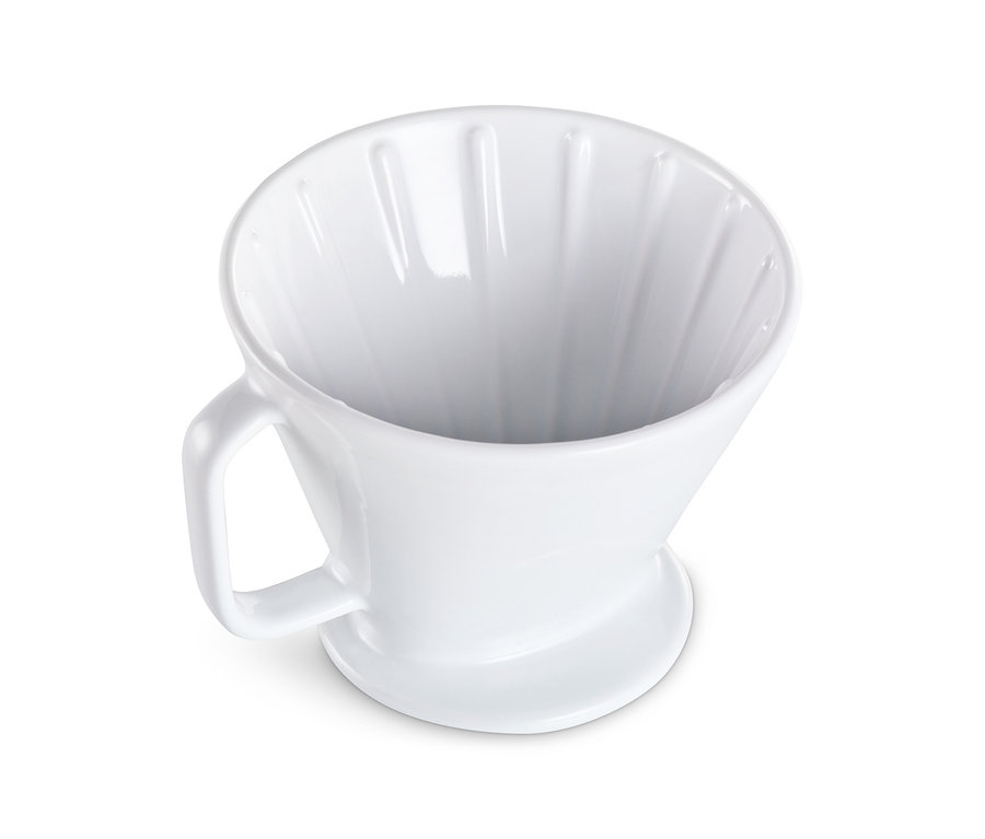 Detailaufnahme von oben eines weißen Kaffee Handfilters.