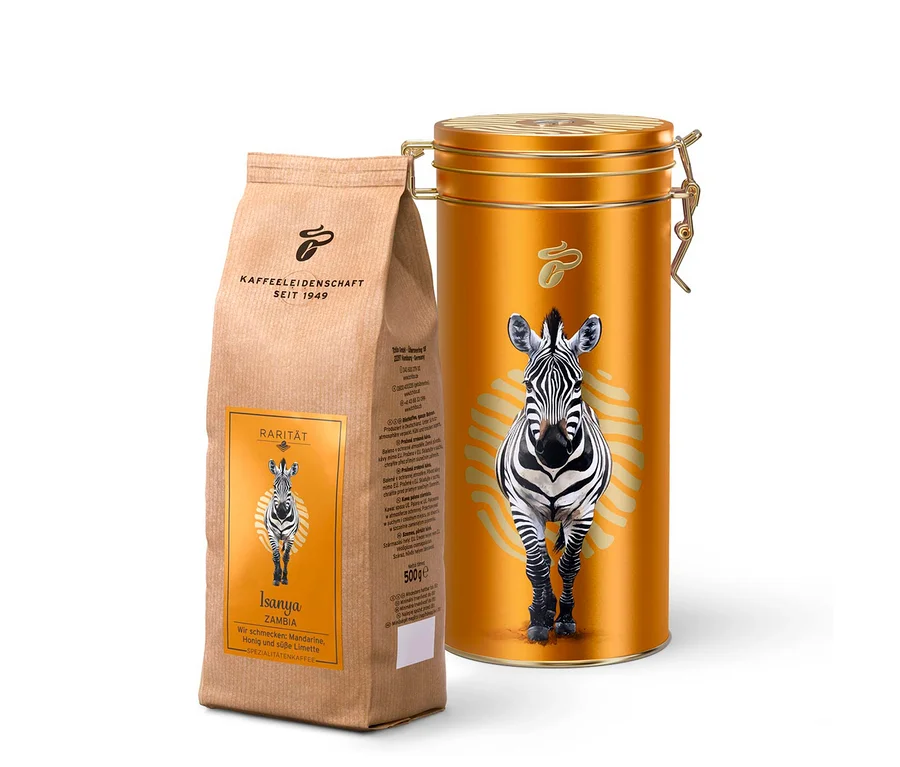Packung und Dose Isanya Zambia 500 g Kaffeebohnen.