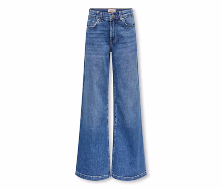 Blaue Jeans mit weitem Bein und hoher Taille.