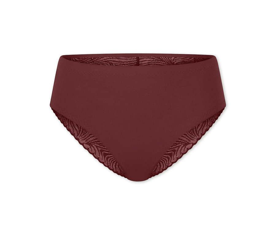 Dunkelroter High-Waist-Damen-Slip mit Zickzack-Muster am Bund und an den Beinausschnitten.