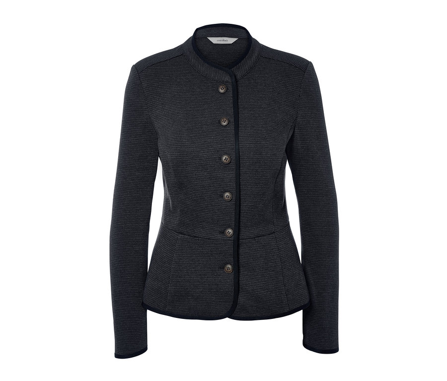 Dunkelgrauer Sweatblazer mit Knöpfen.