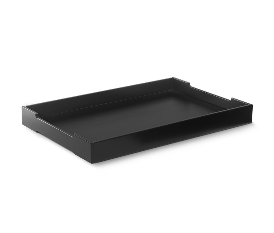 Schwarzer Tabletttisch mit abnehmbarem Tablett.