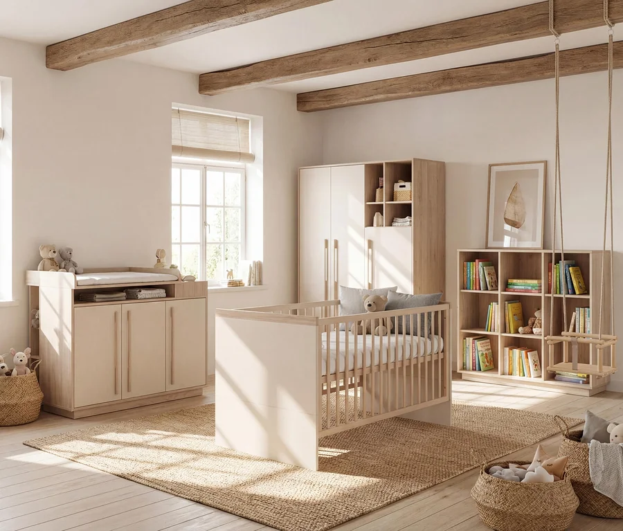 Kinderzimmer mit hellem Holzboden und beigen Wänden. Ein helles Babybett steht auf einem beigen Teppich. Links daneben ein Wickeltisch mit Wickelauflage und darunter Schränken. Rechts ein Kleiderschrank und ein Bücherregal mit Büchern und Spielzeug. Eine Holzschaukel hängt rechts vom Bücherregal. Holzbalken an der Decke.