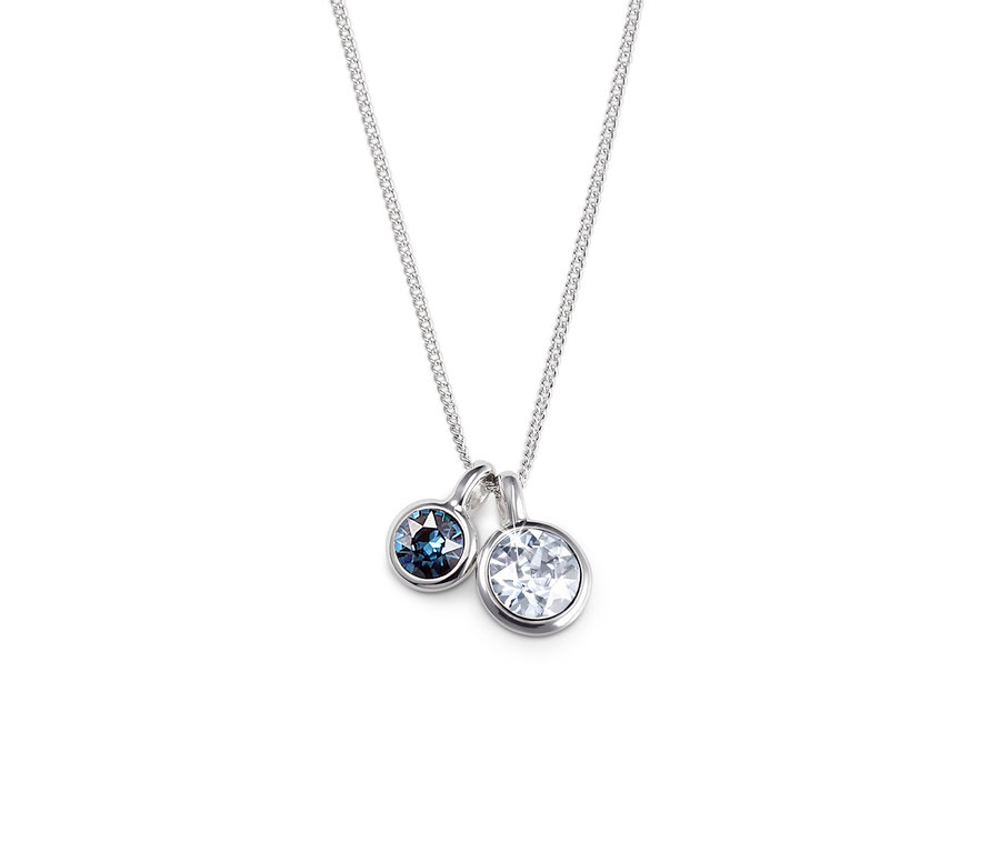 Silberkette verziert mit Swarovski® Kristallen mit zwei Anhängern, einer blau und einer klar.