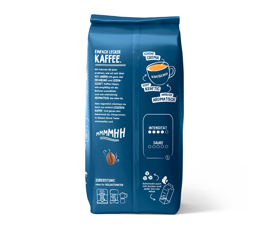 Blauer Beutel Eduscho Caffè Crema Kräftig Ganze Bohne, mit Text "EINFACH LECKER KAFFEE", einer Tasse mit Crema, Intensitäts- und Säureskala sowie Zubereitungshinweisen.