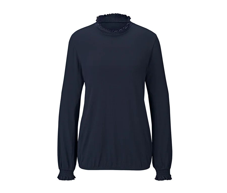 Dunkelblaues Langarmshirt mit kleinem Stehkragen.