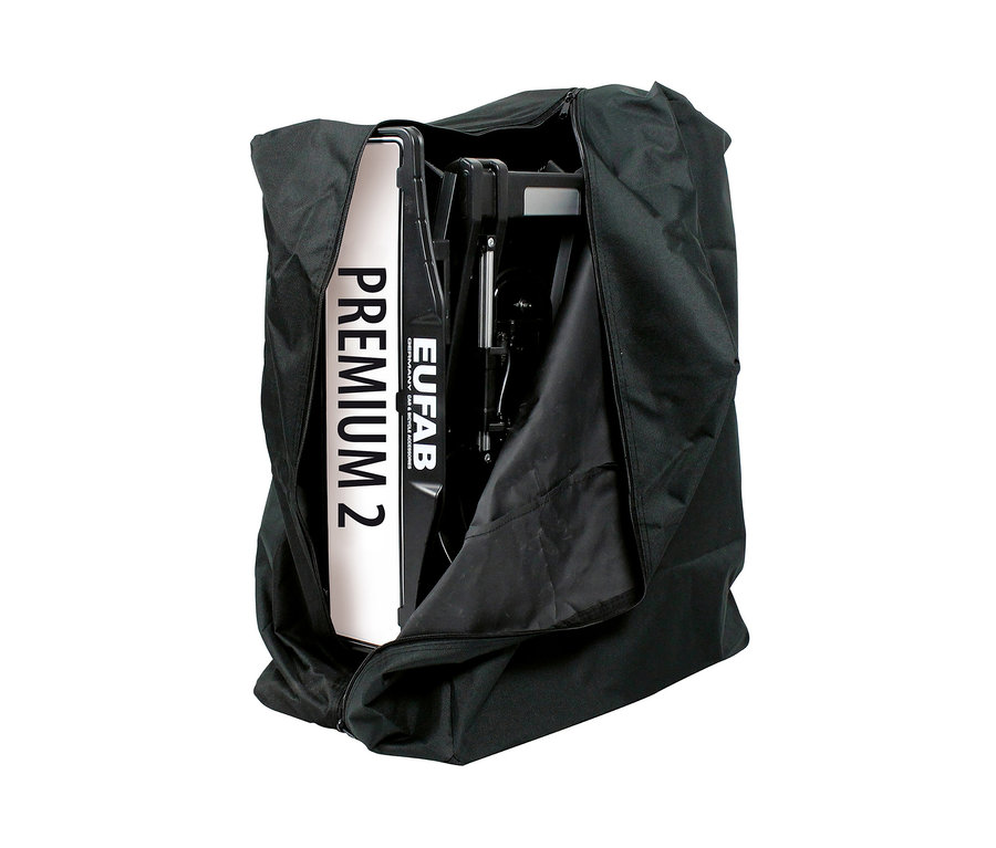 Eine schwarze Tasche mit einem teilweise sichtbaren Fahrradträger "Premium 2".