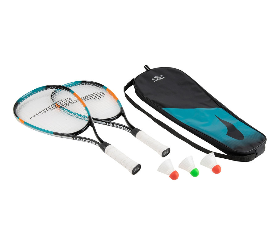 Zwei HUDORA-Speed-Badmintonschläger, drei Bälle und eine schwarz-türkise Tasche.