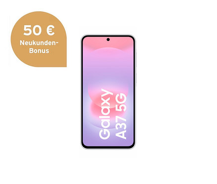 Weißes Samsung Galaxy A37 5G Smartphone mit farbigem Display, das „Galaxy A37 5G“ anzeigt. Links daneben ein goldener Bonus-Hinweis „50 € Neukunden-Bonus“.