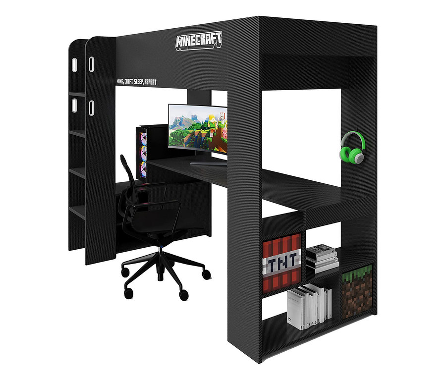 Schwarzes roba Minecraft Gaming-Bett mit Schreibtisch, Stuhl, Computer, Kopfhörern und Regalen.