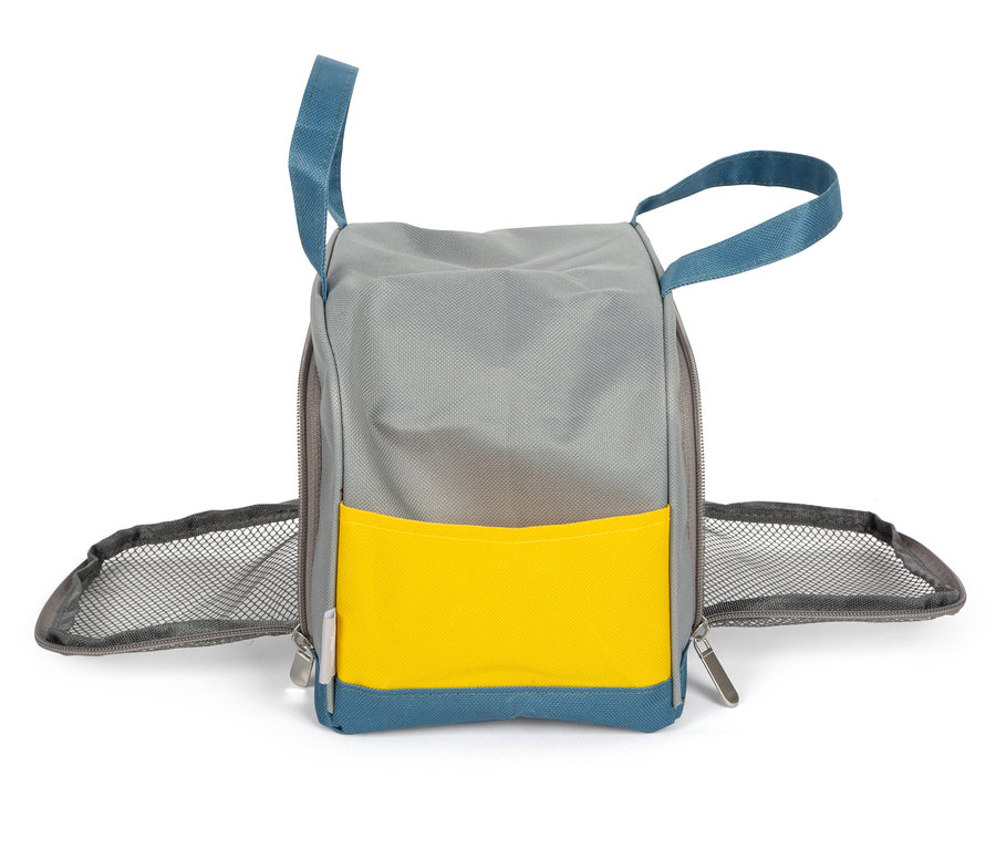 Grau-blaue Tasche mit gelber Tasche und blauen Griffen.