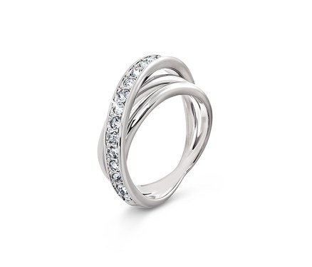 Silberner Ring mit sich kreuzenden, mit Kristallen besetzten Bändern.