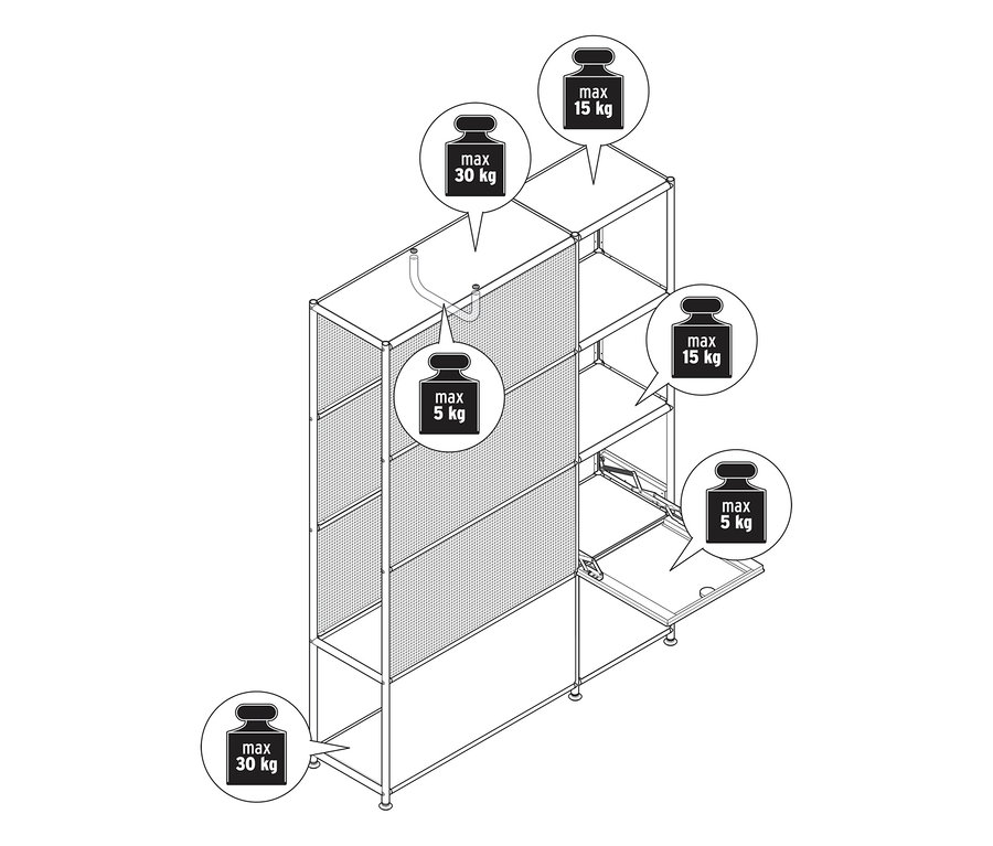 Diagramm einer Garderobe Metall »CN3 Slim Line« mit 2 Klappenfächern. Es zeigt Gewichtslimits: obere Ablagen max. 15 kg, linke Kleiderstange max. 5 kg, untere linke Ablage max. 30 kg, mittlere rechte Ablage max. 15 kg und das offene Klappenfach max. 5 kg.