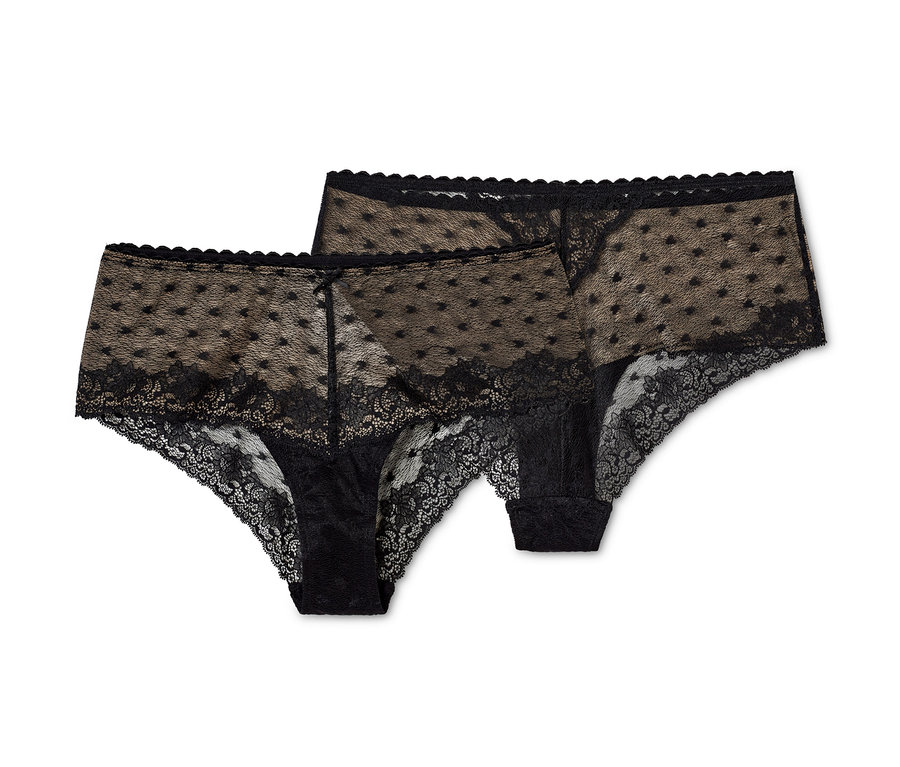 Zwei Brazilslips mit schwarzer Spitze und Punkten.