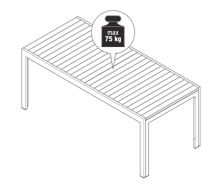 Eine Skizze von einem ausziehbaren Gartentisch Liska aus Aluminium mit einer maximalen Belastbarkeit von 75 kg.