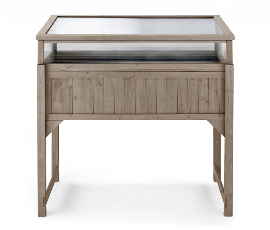 Ein Hochbeet »Jonte« mit abnehmbarem Frühbeetaufsatz vor weißem Hintergrund.