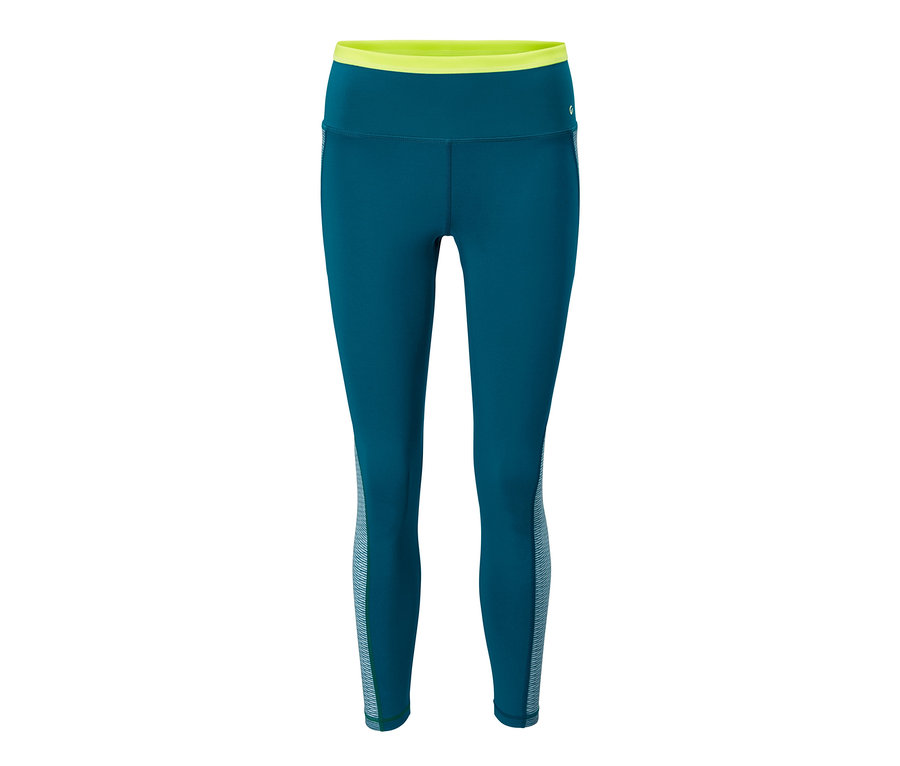 Nahaufnahme einer 7/8-Sporttight mit neongelblichem Bund und Details an der Seite der Hosenbeine.