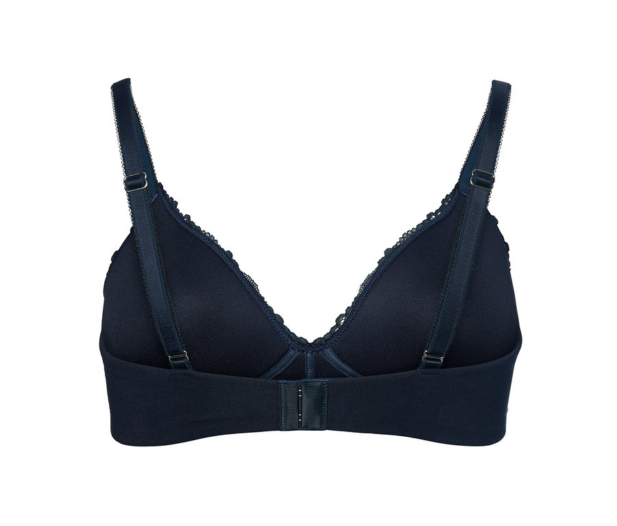 Detailansicht von der Rückseite eines blauen Softschalen-BHs.