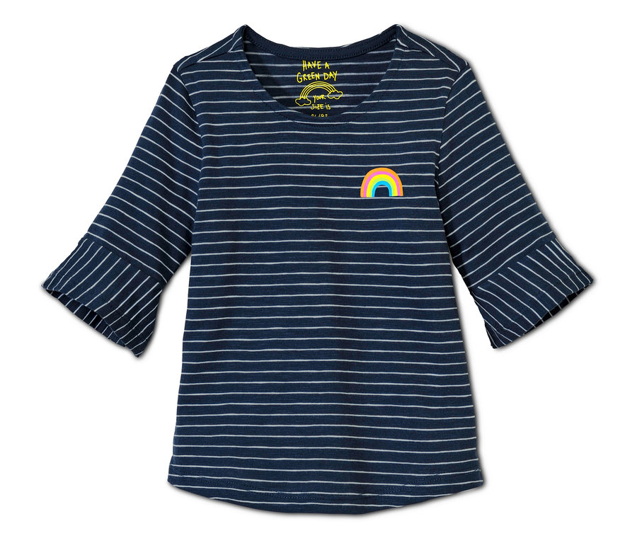 Gestreiftes Shirt mit Dreiviertelärmeln und Regenbogen-Applikation.