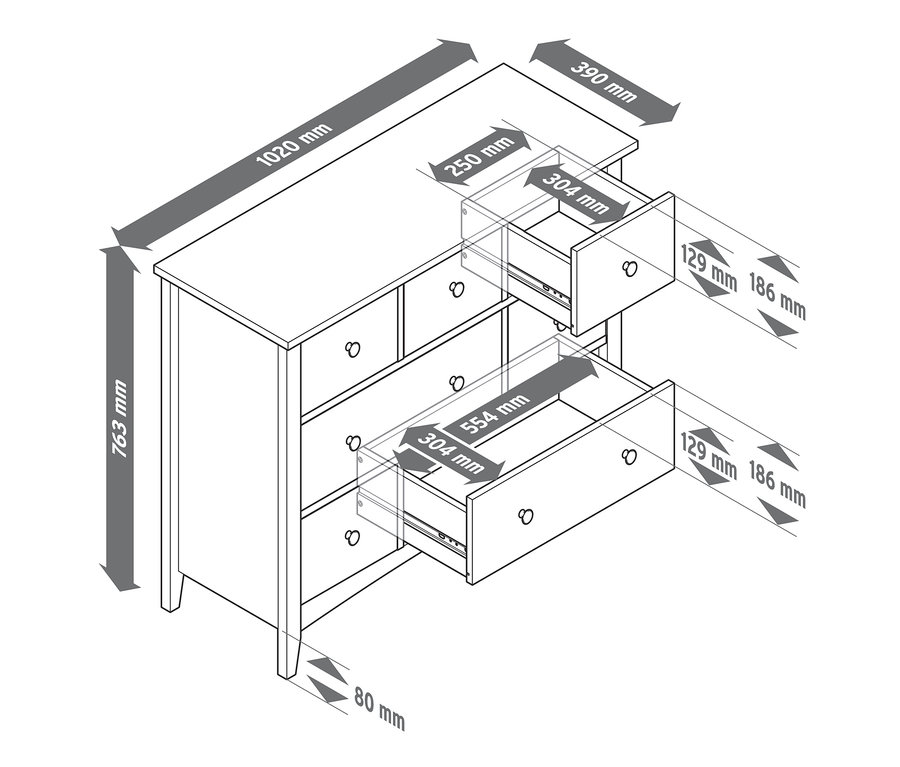 Eine Skizze einer Kommode mit sechs Schubladen, von denen zwei offen sind und mit Maßen versehen sind.