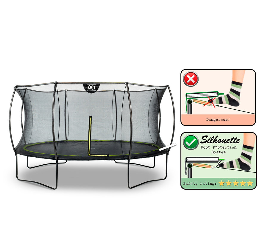 Ein schwarzes EXIT Silhouette Trampolin mit einem Durchmesser von ca. 427 cm, mit Sicherheitsnetz und Illustrationen zum Fußschutzsystem.